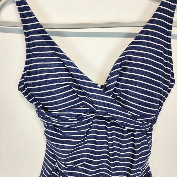 Niptuck One Piece Swim Suit Size 8 Blue White Striped Multi Fit Cup Ruched Waist - Picture 3 of 10